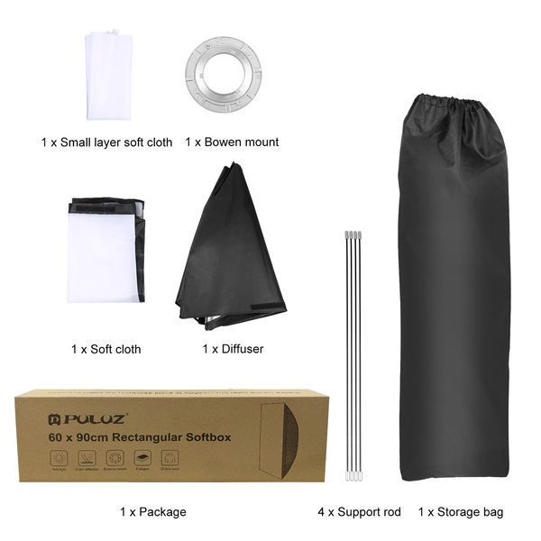 Софтбокс прямоугольный 60х90 см.Puluz Speedlite Softbox Mount Mount Diffus с креплением Bowens PU5124 фото